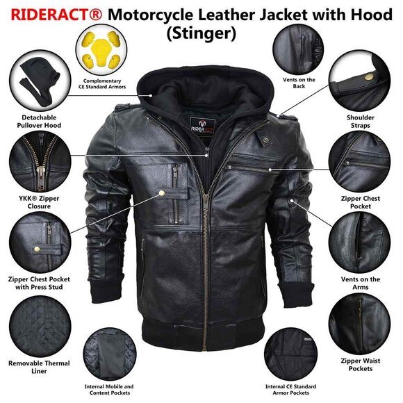 RIDERACT® Leather Motorcycle Jacket with Hood  Black Motorbike  Winter Jacket - Picture 6 of 8